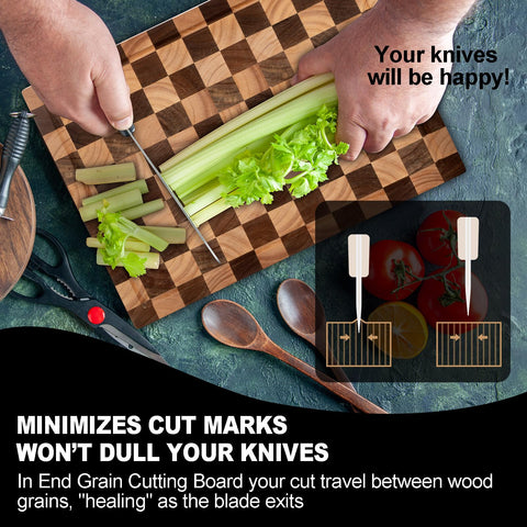 Cookaholic acacia board with built-in handles for easy carrying and serving.