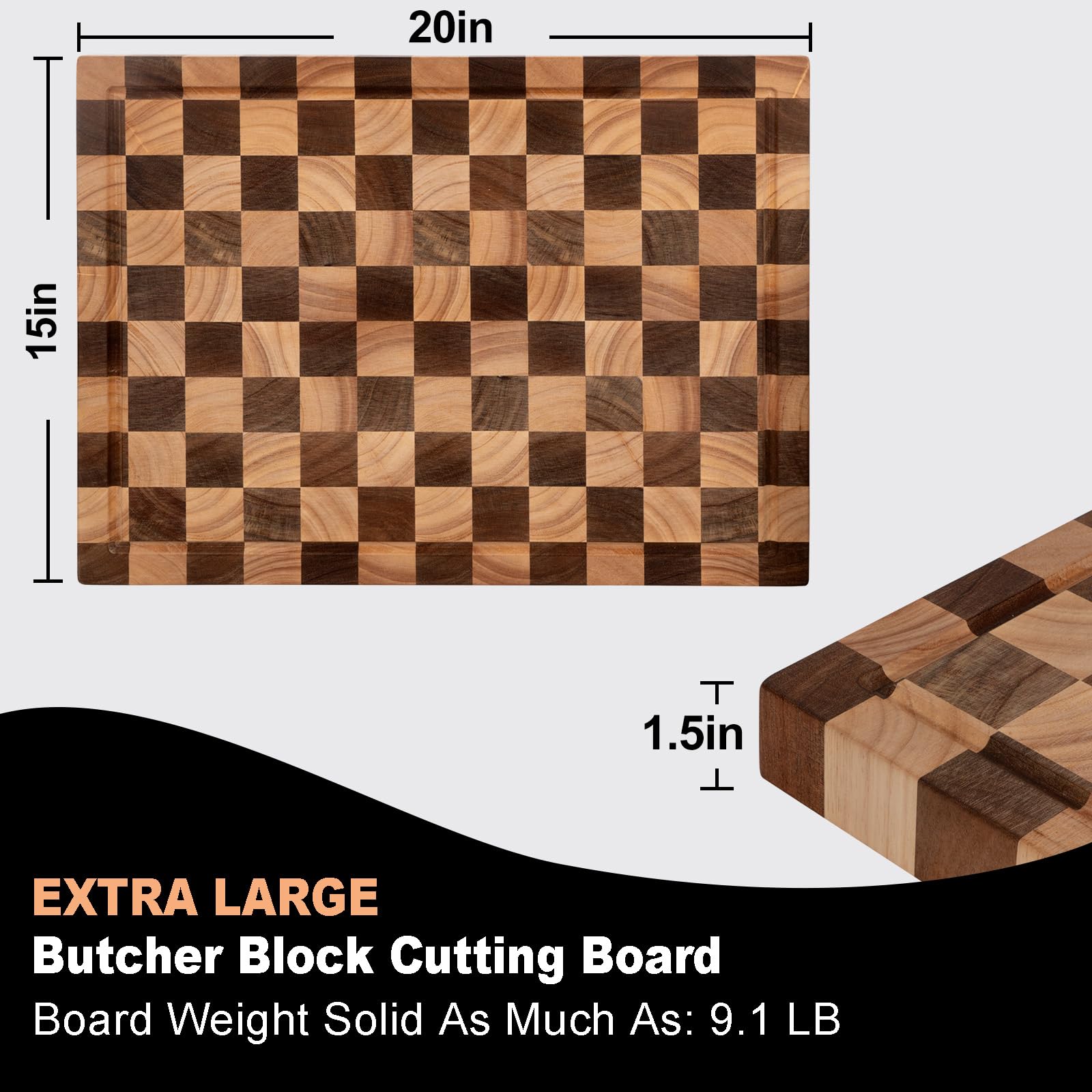 Cookaholic cutting board end-grain design helps reduce knife dulling.
