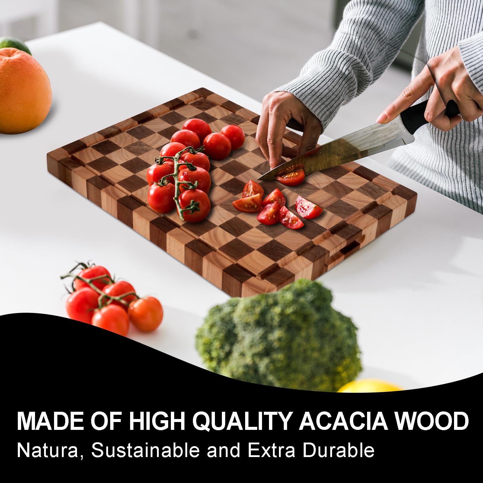 Cookaholic acacia cutting board with juice groove catching liquids during chopping.