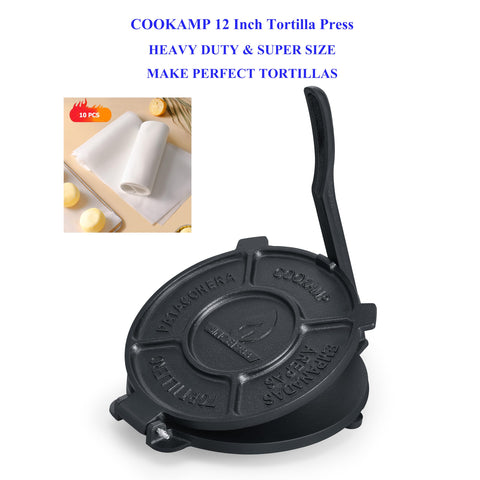 COOKAMP 12-inch tortilla press handle close-up with ergonomic curve for comfortable pressing