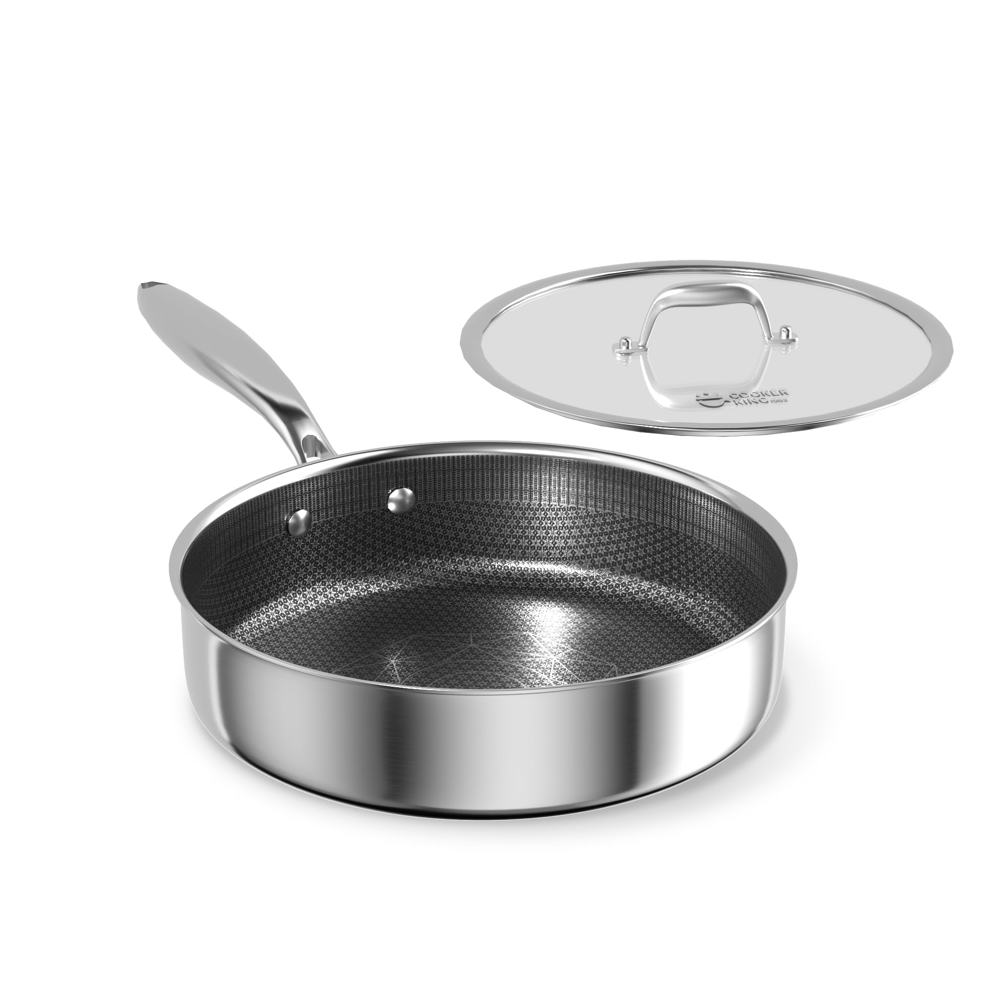 Cooker King 3-6 qt stainless steel saute pan with lid, ideal for even searing and browning.