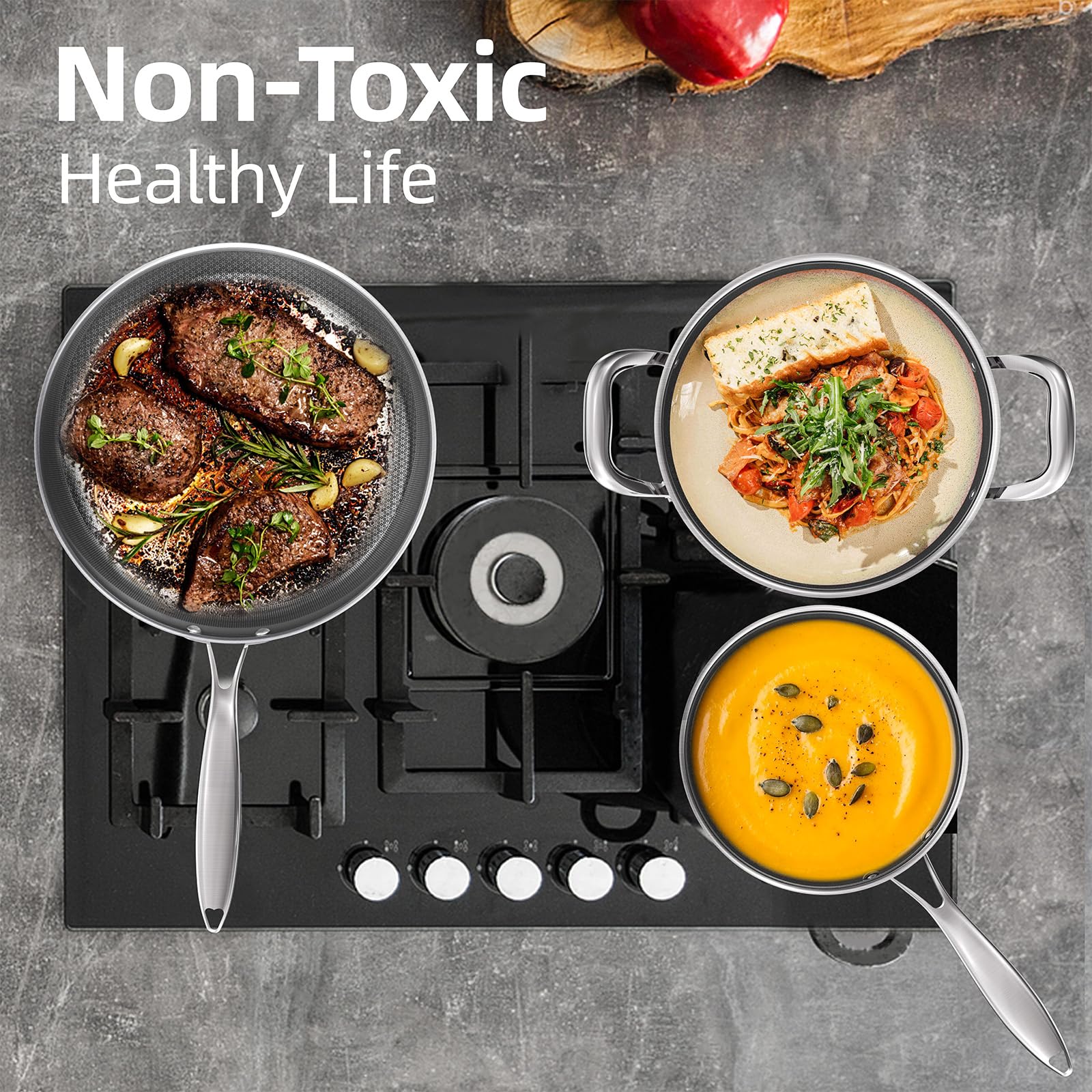 COOKER KING pans with ceramic-etched coating for easy food release.