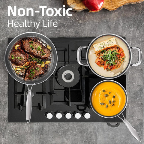 COOKER KING pans with ceramic-etched coating for easy food release.