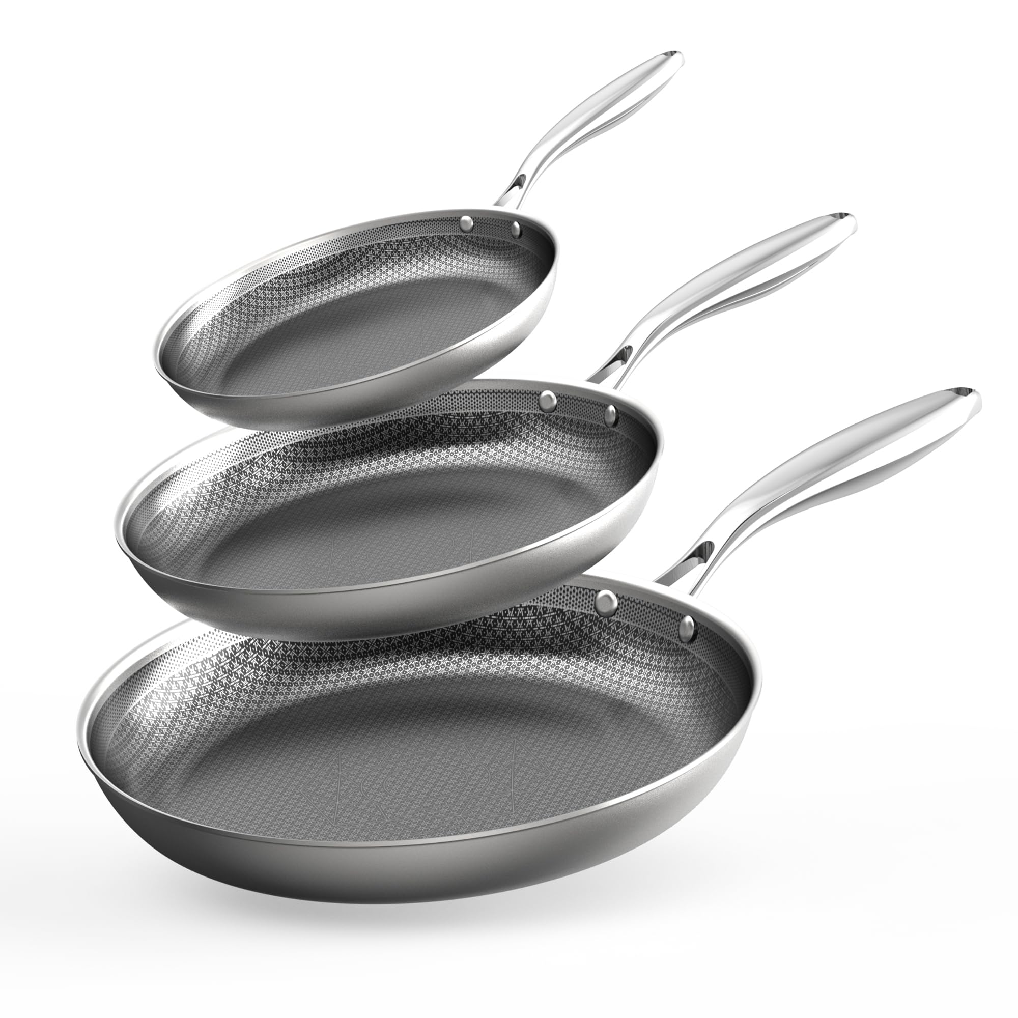COOKER KING stainless steel pans set (8, 10, 12 inch) for versatile family cooking.