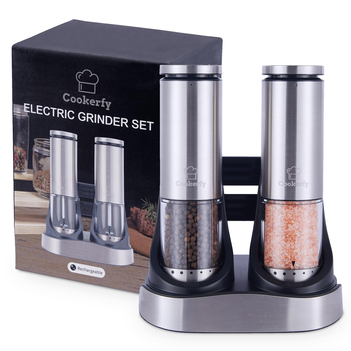 Cookerfy electric salt and pepper grinder base-rechargeable for cordless seasoning in busy kitchens.