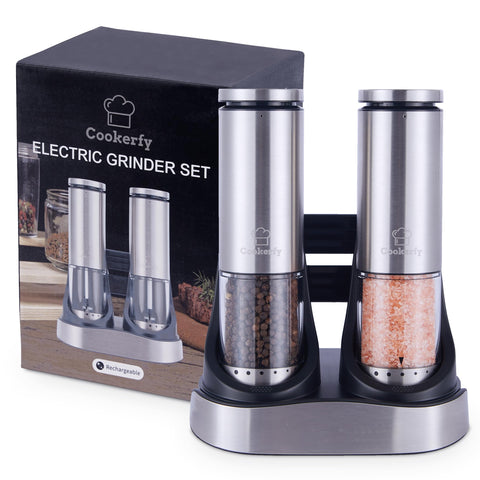 Cookerfy electric salt and pepper grinder base-rechargeable for cordless seasoning in busy kitchens.