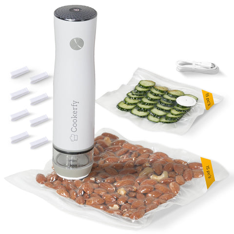 Cookerfy vacuum sealer with digital display shows battery and pressure for easy monitoring.
