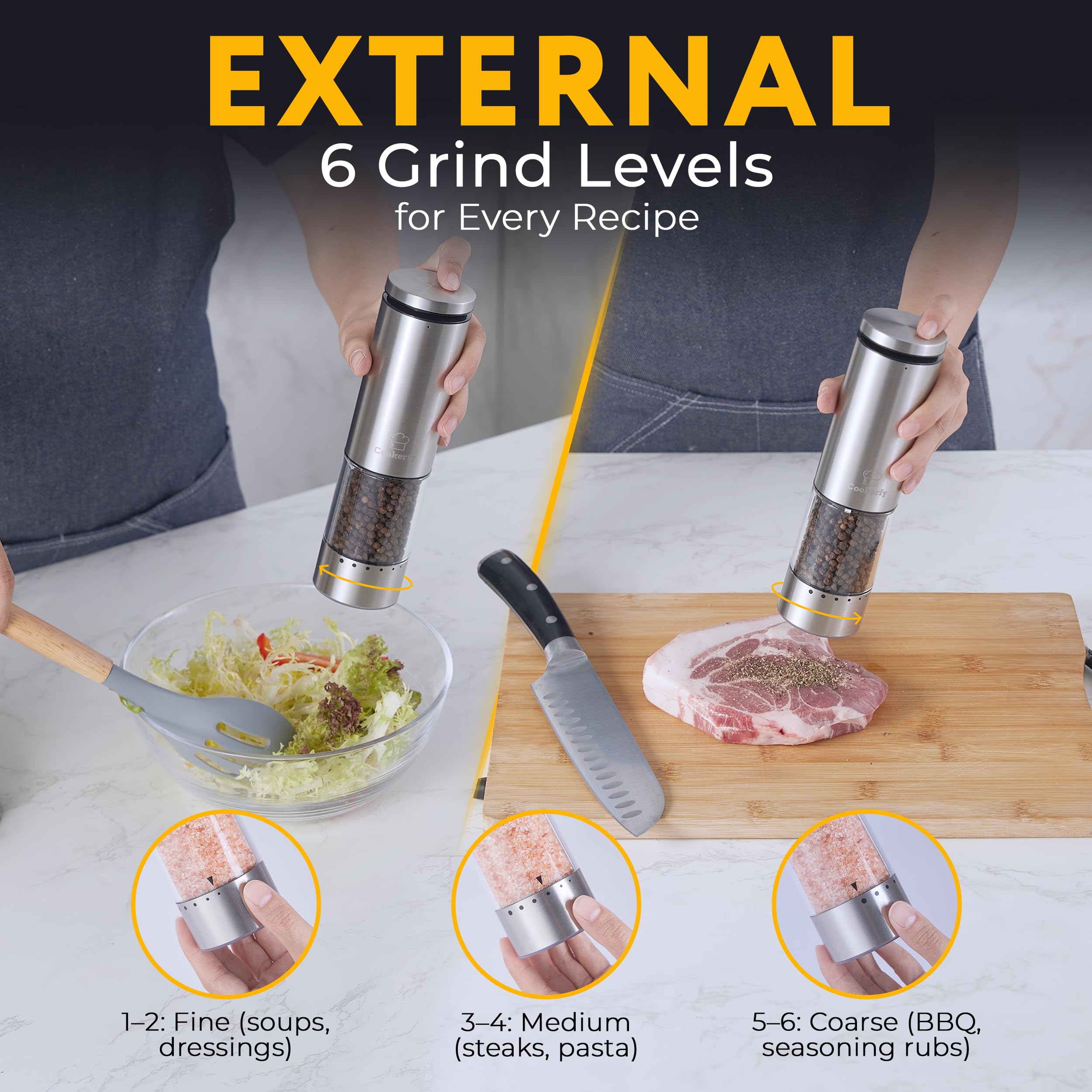 Cookerfy six-coarseness-levels grinder lets you tailor texture for every dish.