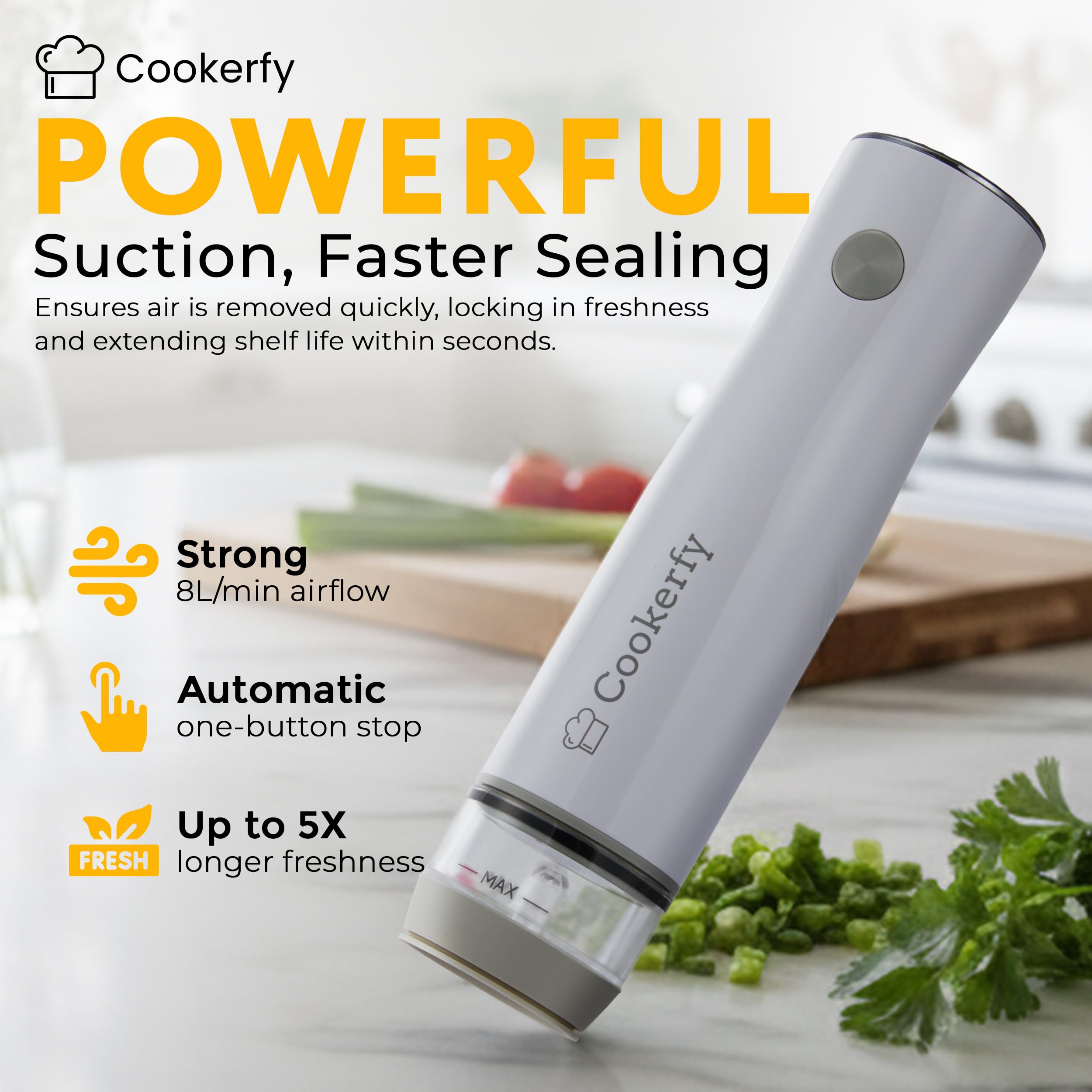 Cookerfy vacuum sealer highlights visible liquid tank for quick cleanups.