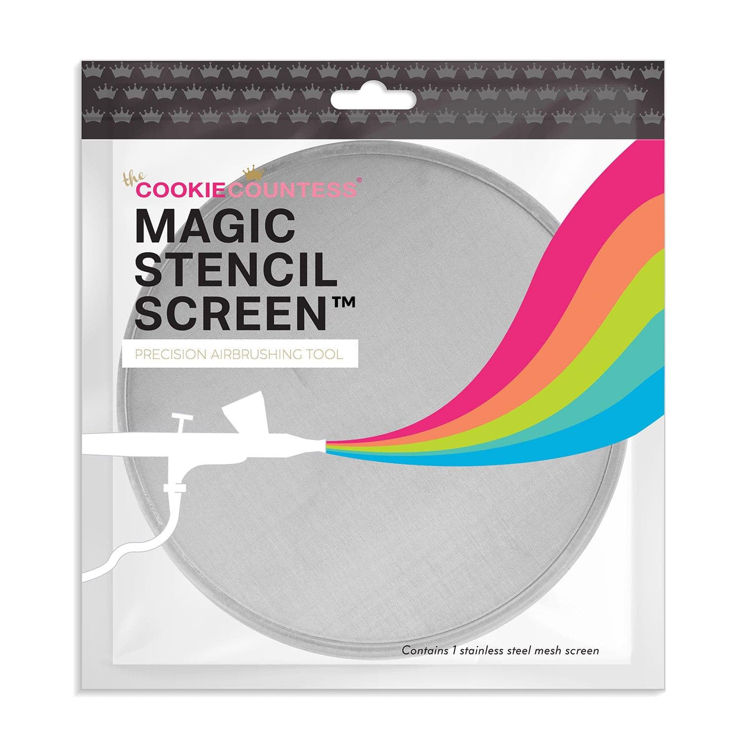 The Cookie Countess Magic Stencil Screen assembled in stainless steel for precise airbrushing.