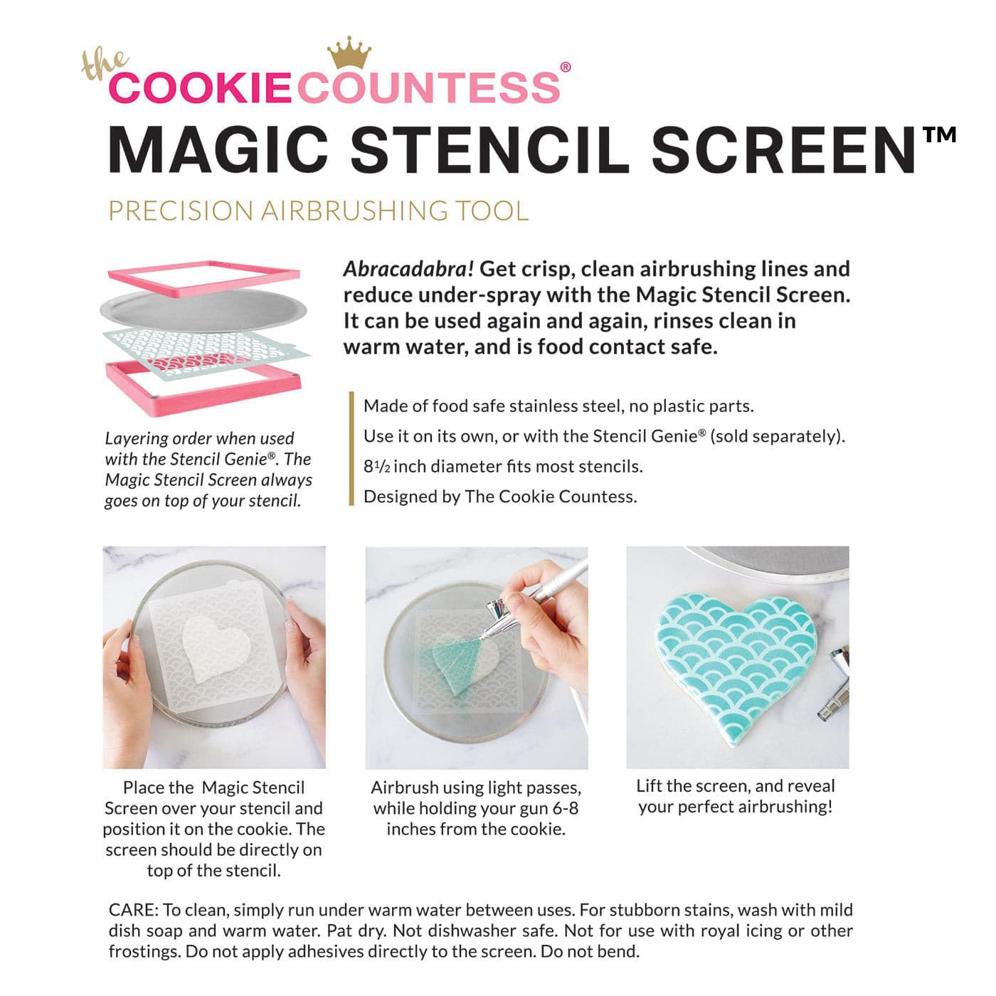 The Cookie Countess Magic Stencil Screen stainless steel closeup highlights durable, food-safe design.