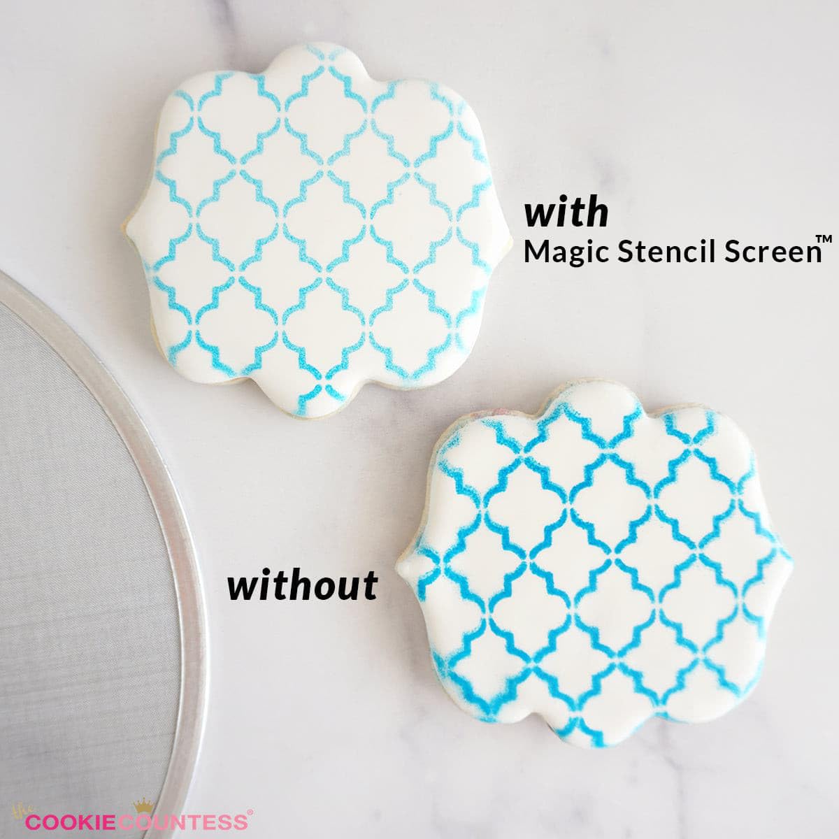 The Cookie Countess Magic Stencil Screen with Stencil Genie compatibility enables versatile setups.