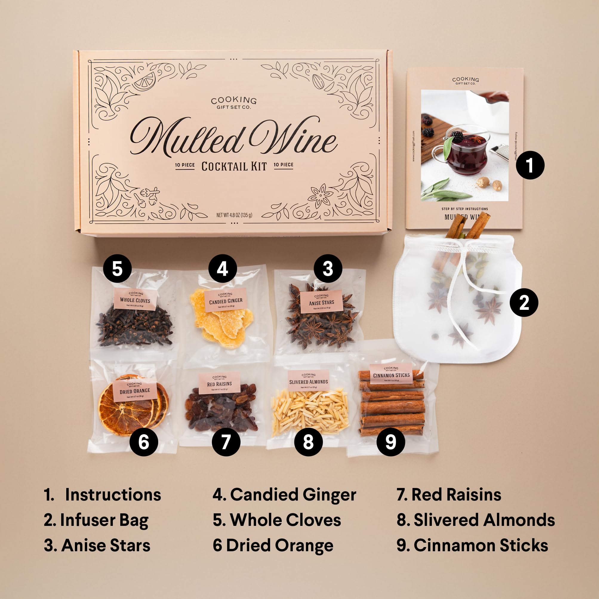 Cooking Gift Set mulled wine kit spice bag highlights natural whole spices for customizable blends.