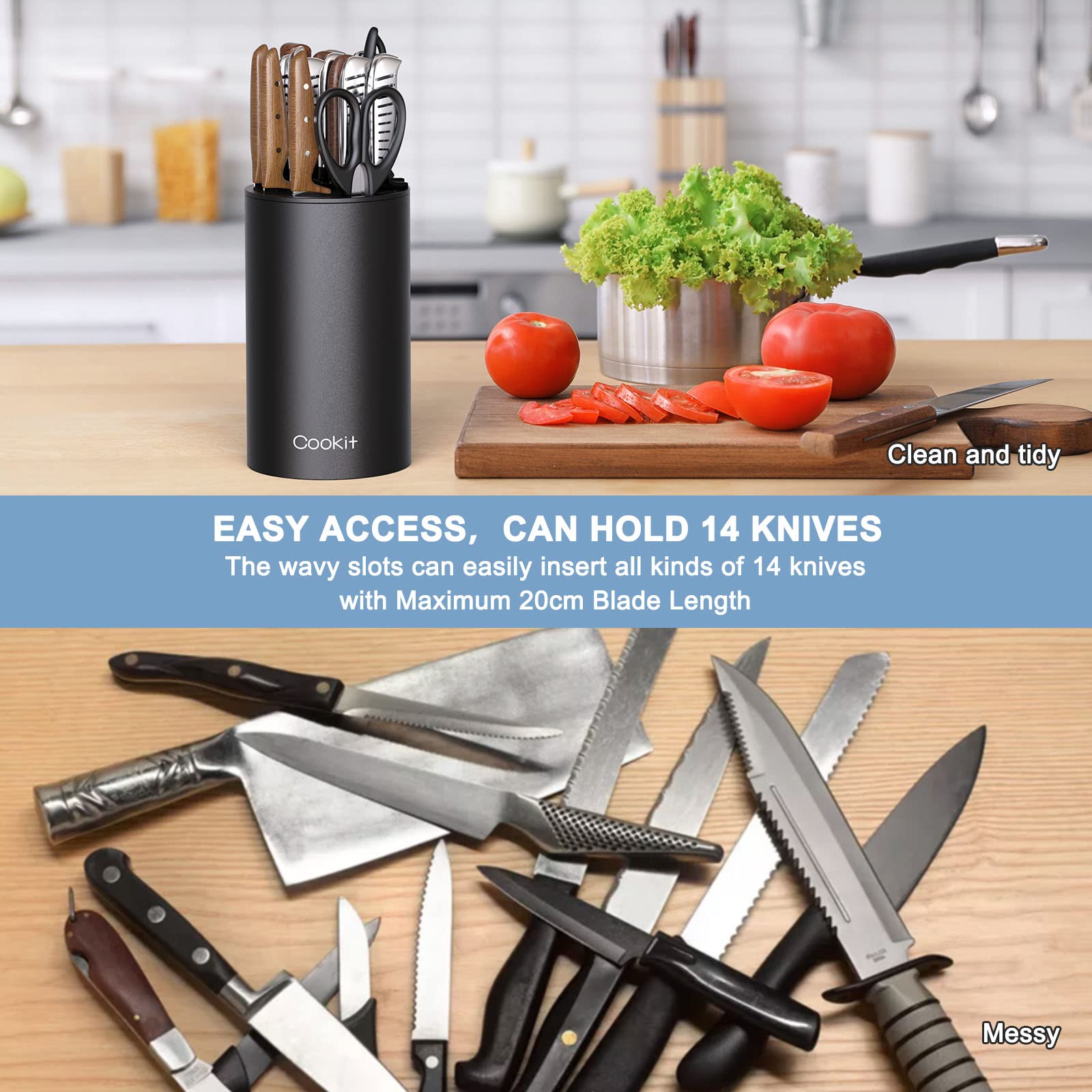 Cookit double-layer wavy slots keep knives upright and stable.