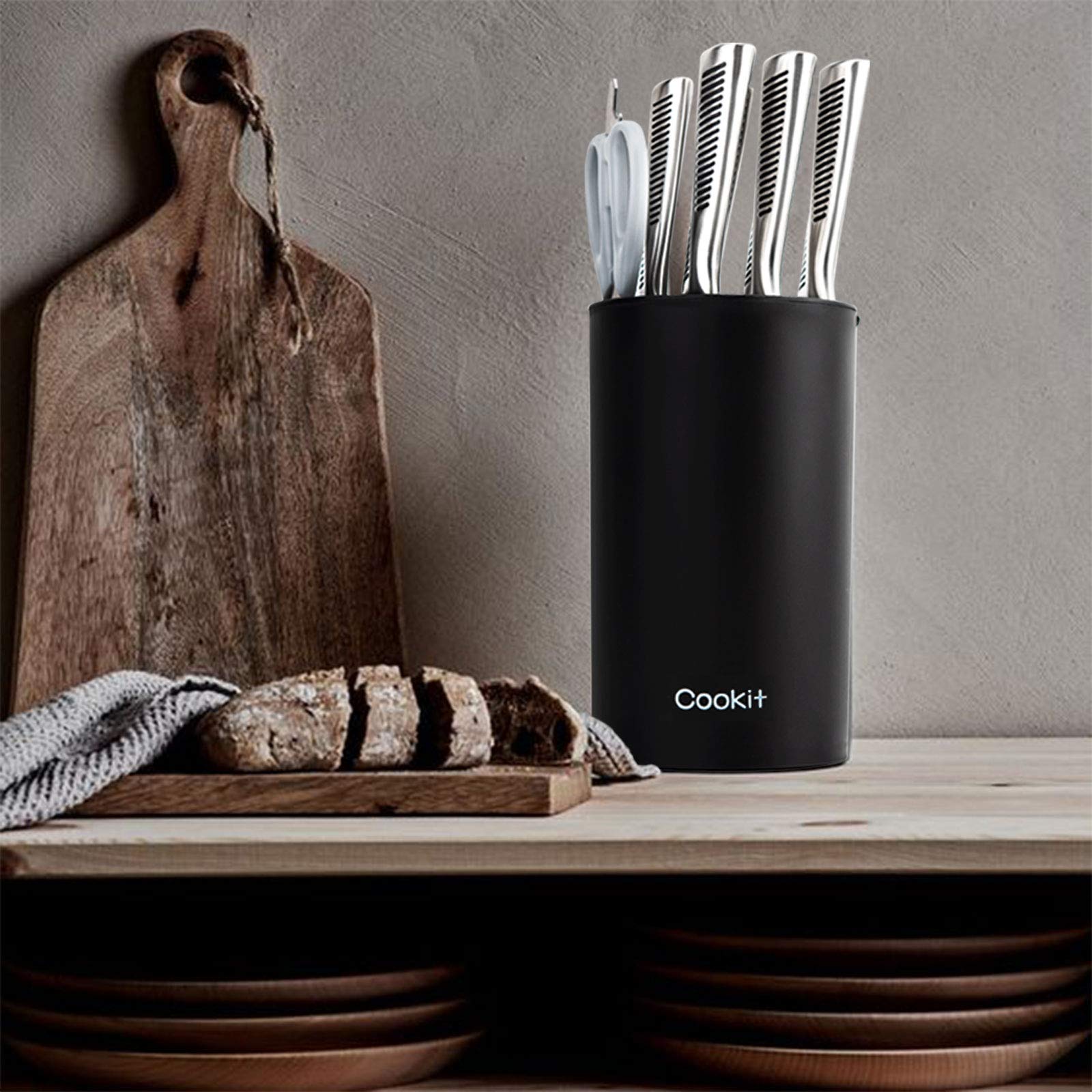 Cookit round knife block with detachable top enables easy cleaning.