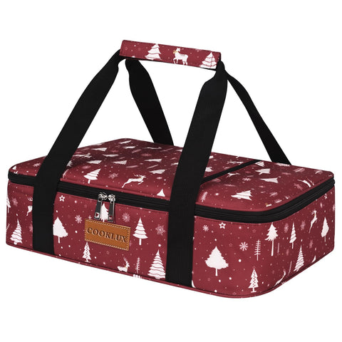 Cooklux insulated casserole carrier with a 9x13 dish in gray keeps meals warm during travel.