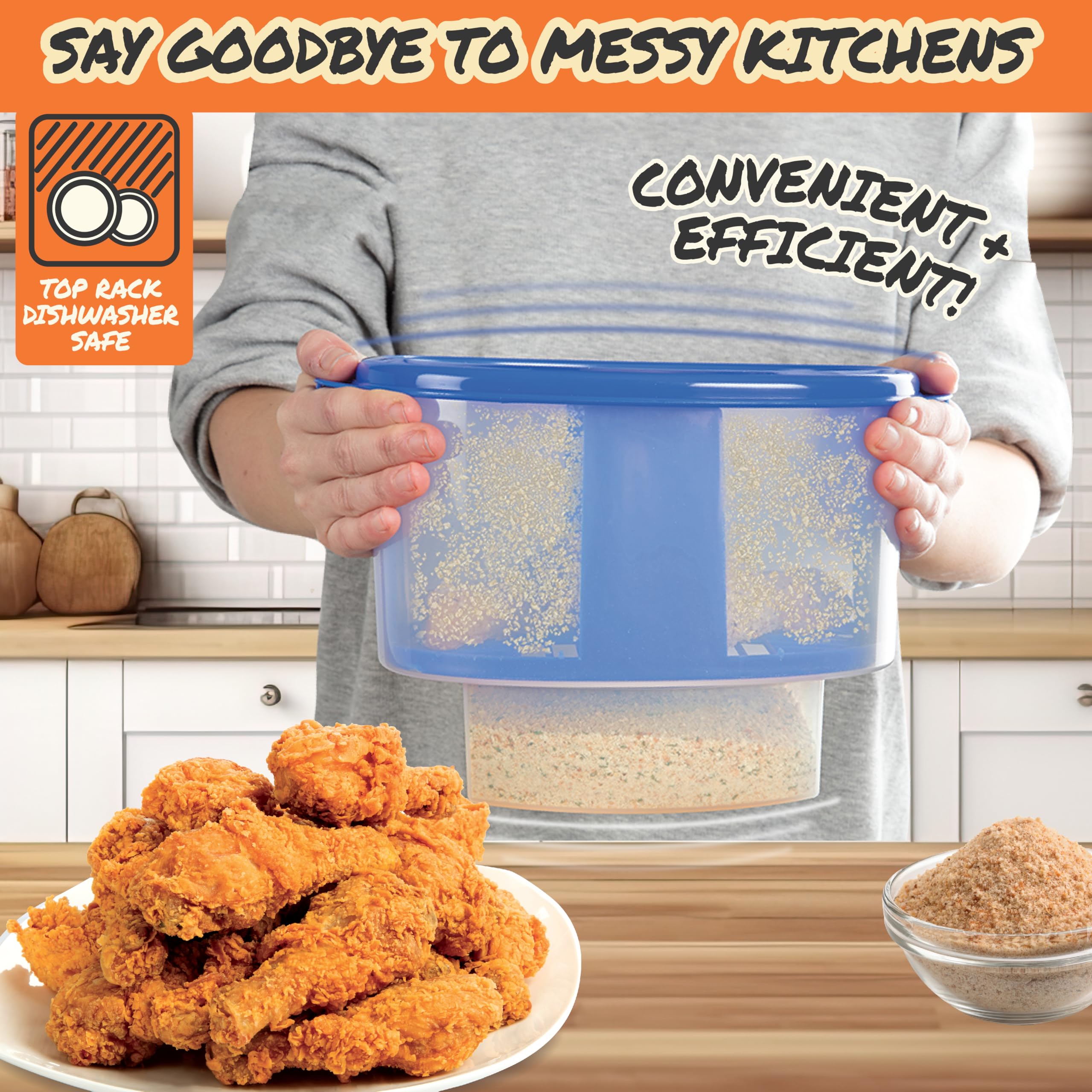 Cooks Choice Breader Bowl in use coats meat and vegetables efficiently