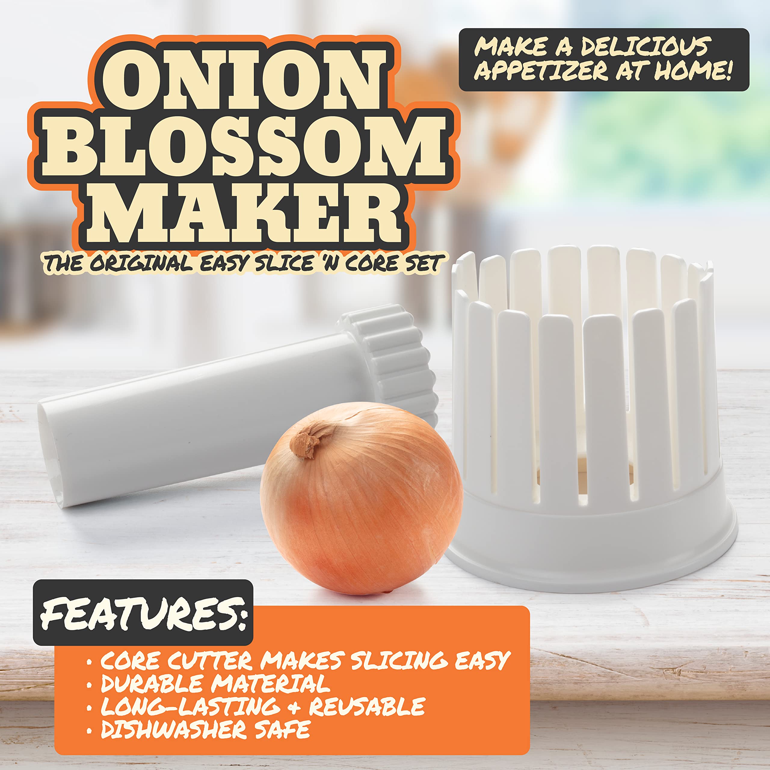 Cook's Choice core cutter shapes perfect onion centers for uniform blossoms.