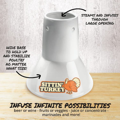 COOK'S CHOICE Sittin' Turkey base demonstrates 18 lb capacity for large holiday birds.