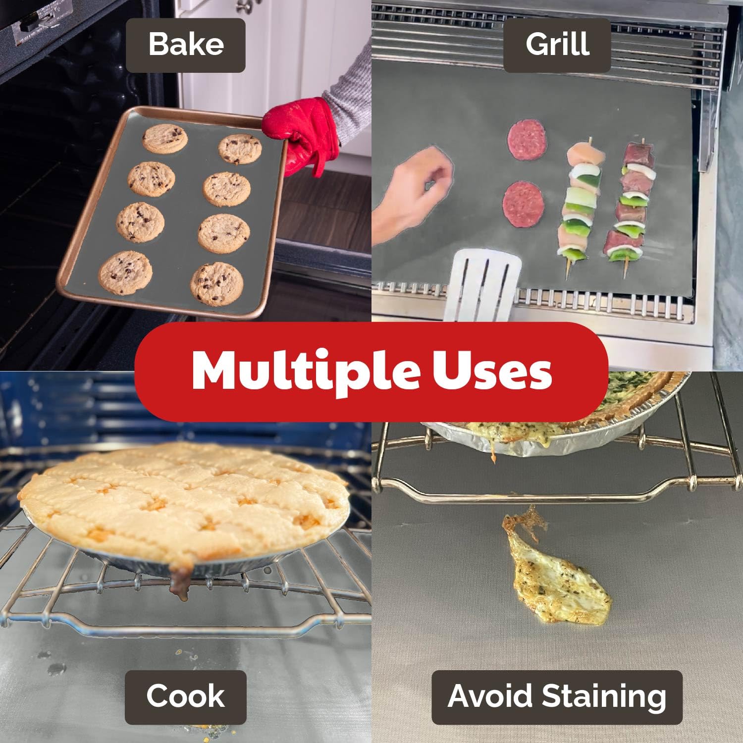 Cooks Innovations dishwasher-safe-oven-mat being wiped after cooking.