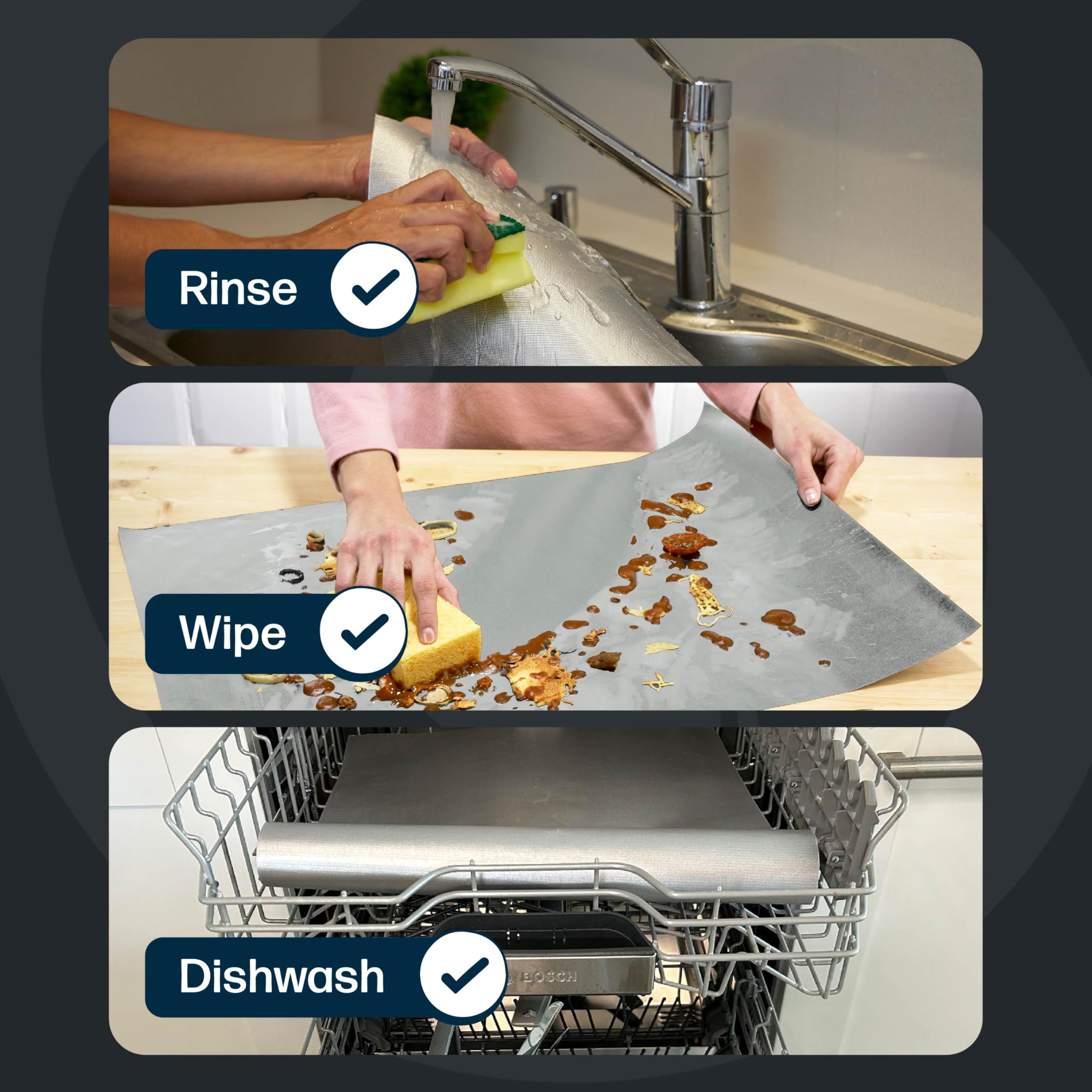 Cooks Innovations reusable-oven-liner being wiped clean for quick reuse.
