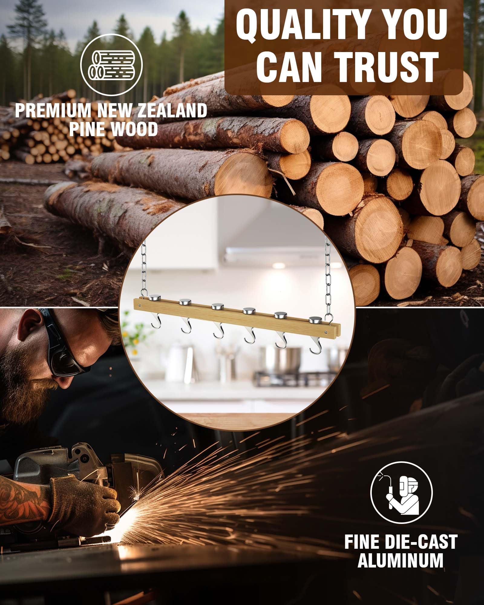 Cooks Standard natural wood track offers smooth mounting surface.