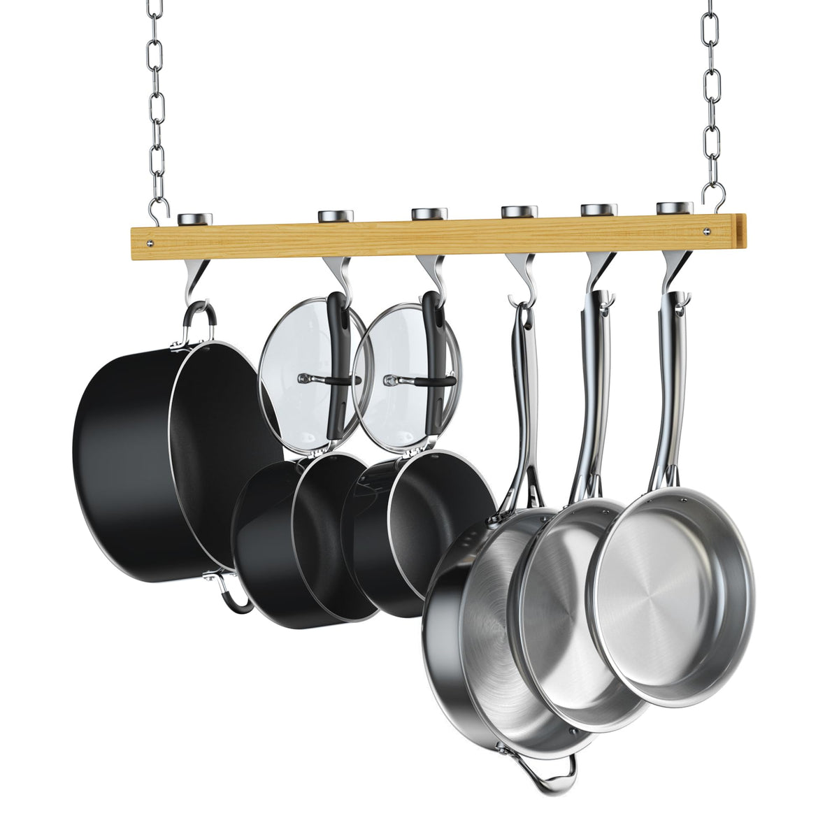 Cooks Standard NC-00269 ceiling pot rack with a 36-inch wooden bar.