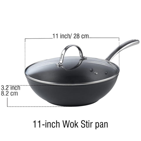 Cooks Standard flat-bottom wok with glass lid for easy food monitoring.