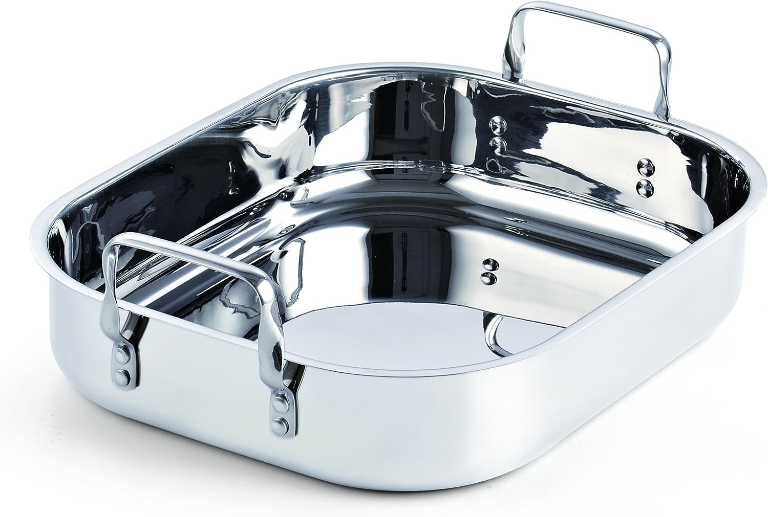 Riveted stainless steel handles on Cooks Standard roaster pan provide secure grip.