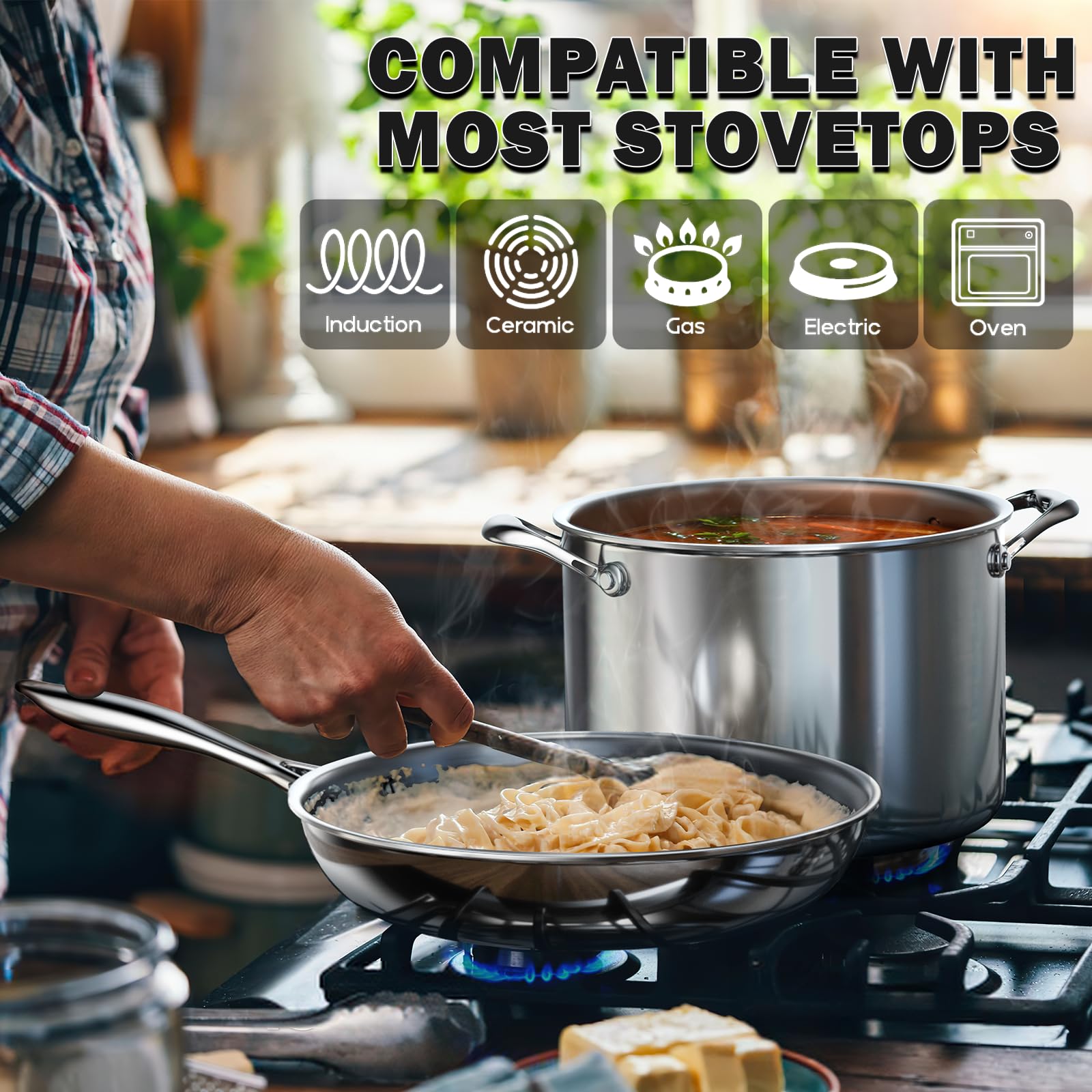Cooks Standard tri-ply clad saucepan with aluminum core for balanced heat.