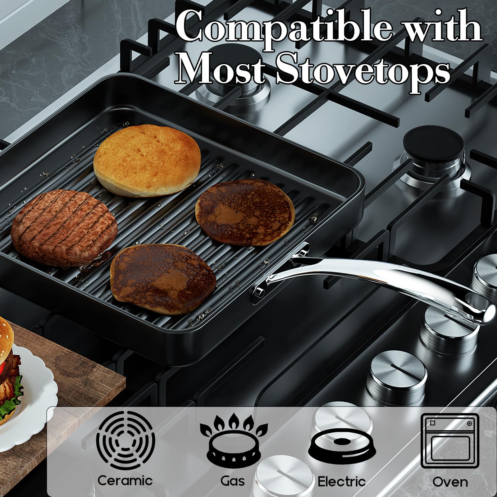 Cooks Standard square grill pan 11x11 features a cool, riveted handle for a secure grip