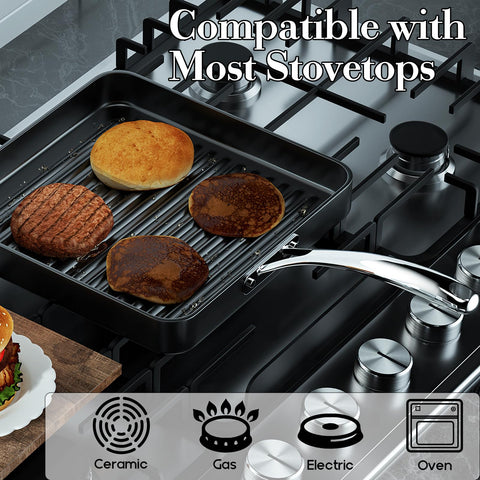 Cooks Standard square grill pan 11x11 features a cool, riveted handle for a secure grip