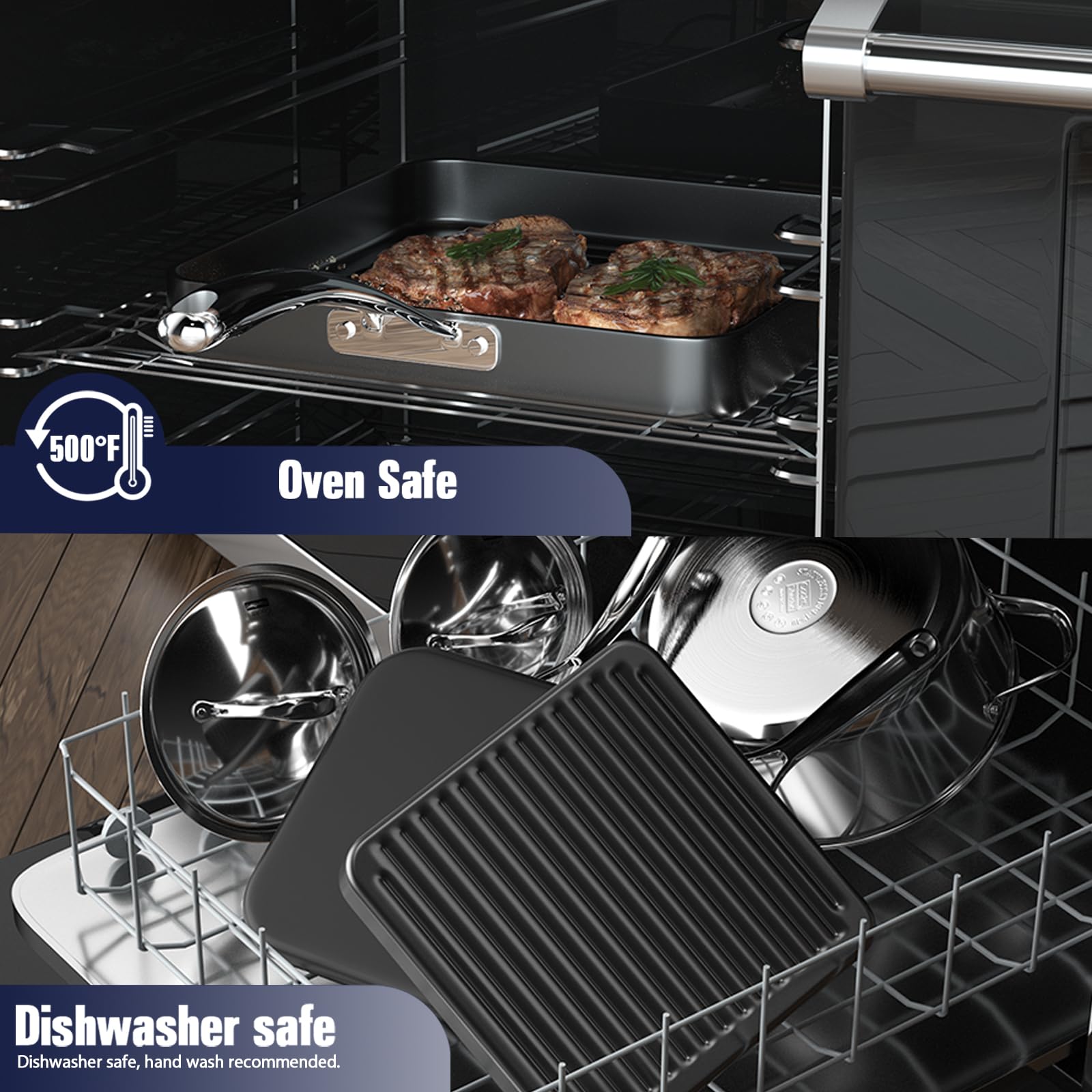 Cooks Standard square grill pan 11x11 is dishwasher safe with hand wash recommended to protect coating