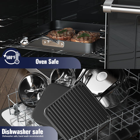 Cooks Standard square grill pan 11x11 is dishwasher safe with hand wash recommended to protect coating