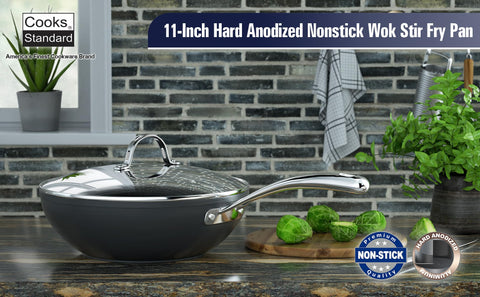 Cooks Standard tempered glass lid with steam vent and rim for watching progress.