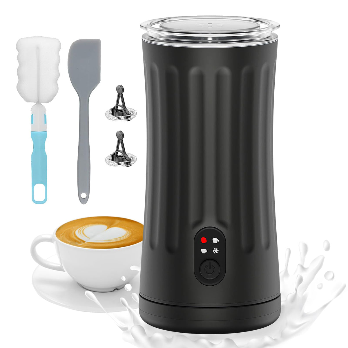 CookSwift 4-in-1 milk frother, top view, sleek black housing for cafe-quality foam at home.