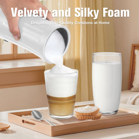 CookSwift Milk Frother with foam types displaying hot and cold options