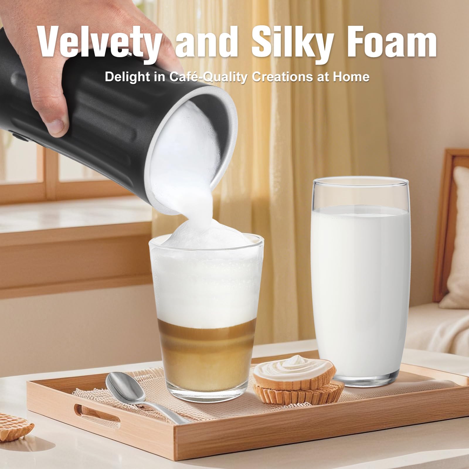 CookSwift warm foam mode image highlights even heat for cappuccino bases.