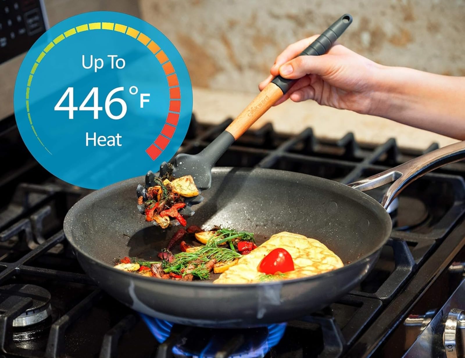 Cookward serving spoon in natural wood handle, easy-grip for serving dishes.
