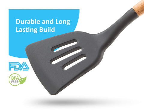 Cookward spatula with flexible silicone head to prevent scratching.
