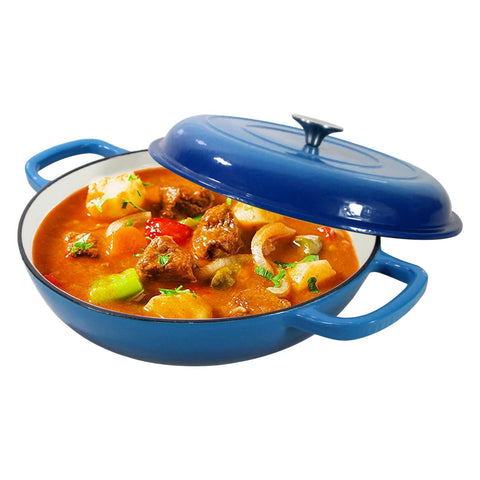 COOKWIN enameled Dutch oven lid seals steam for even cooking.