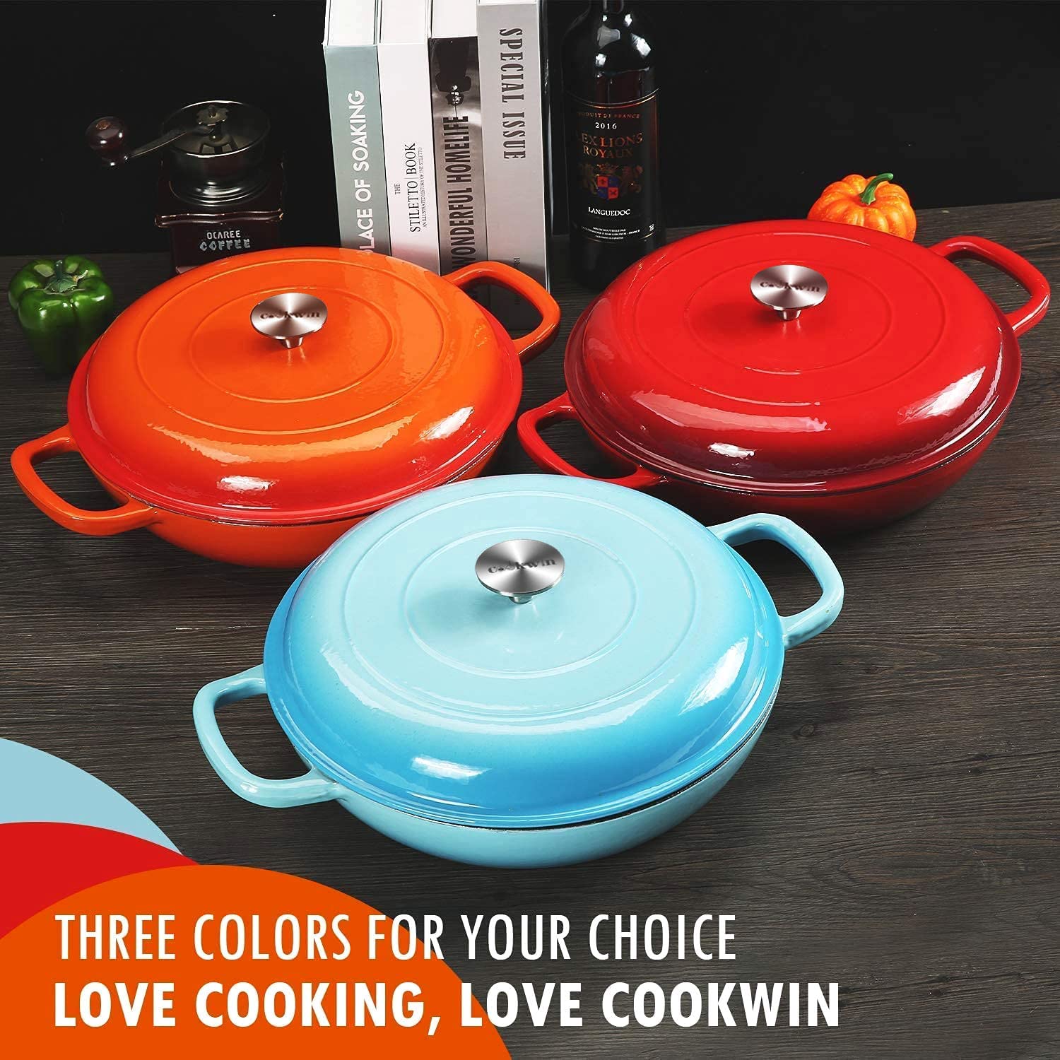 COOKWIN enameled interior cleans easily after hearty stews