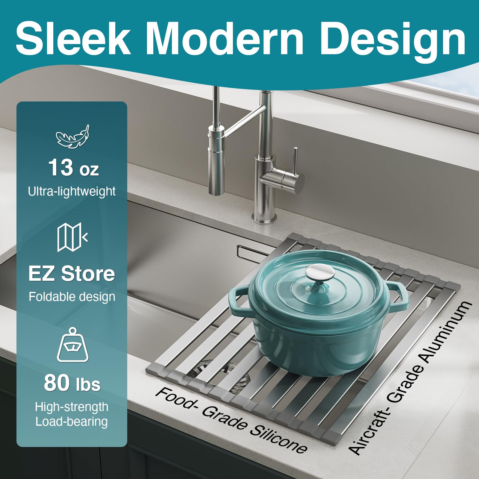 COOL-ANGLE foldable rack with matte grey finish complements modern kitchens.