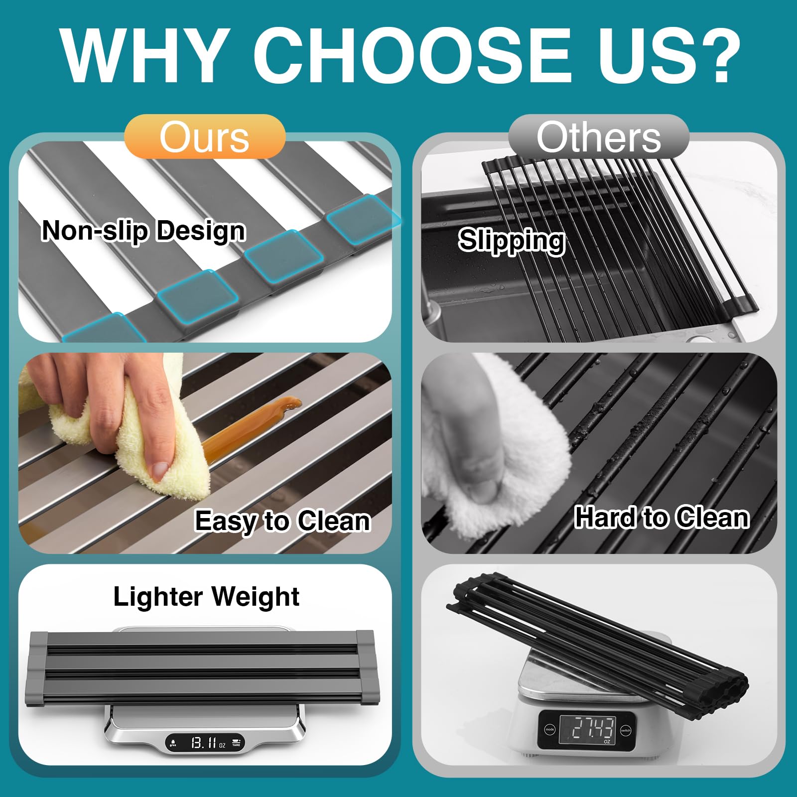 COOL-ANGLE over-sink drainer shown compact for efficient air-drying.