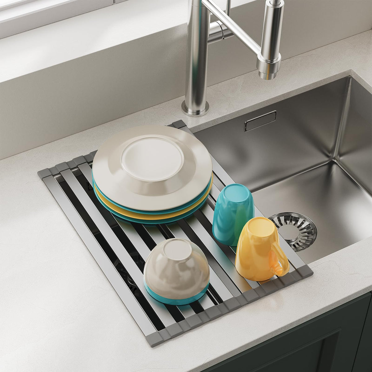 COOL-ANGLE rectangle foldable dish drying rack, side view with non-slip feet stabilizing on wet counters.