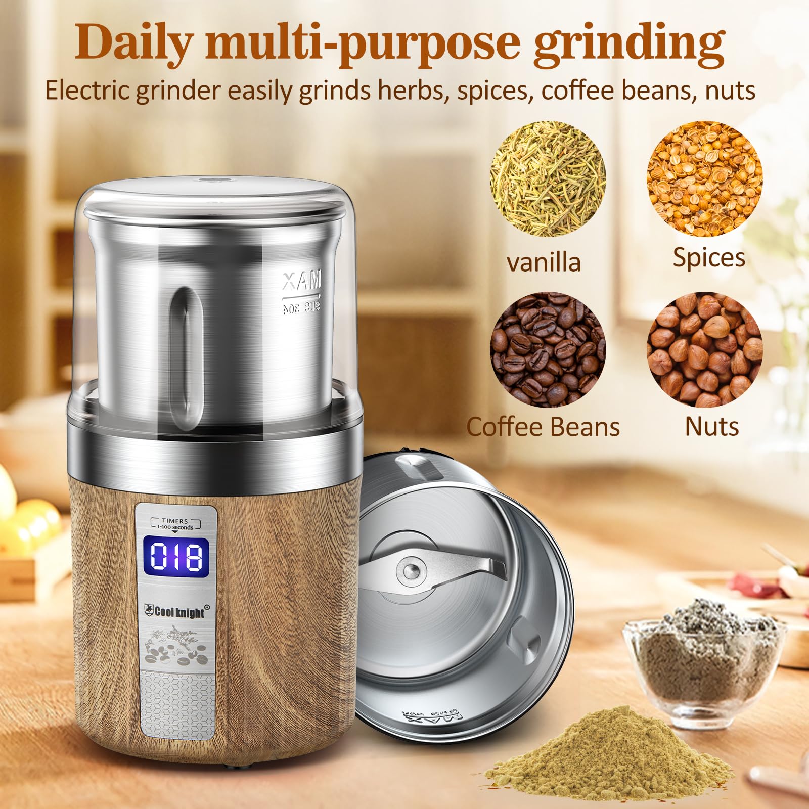 Cool Knight stainless steel blades create consistent texture for herbs and coffee.