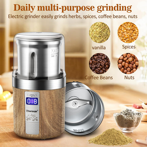 Cool Knight stainless steel blades create consistent texture for herbs and coffee.