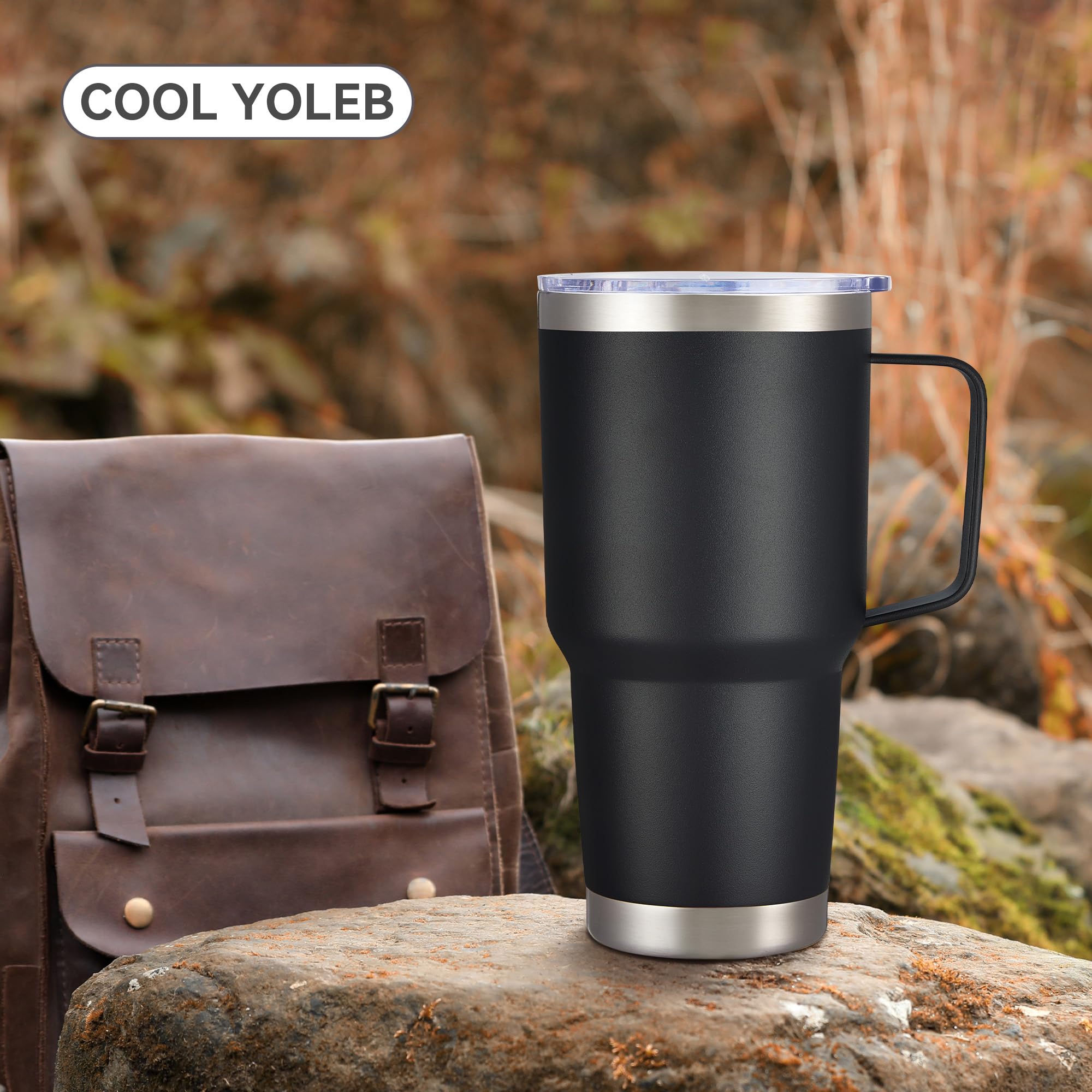 Cool Yoleb 30 oz tumbler with powder-coated exterior enhances grip and style.