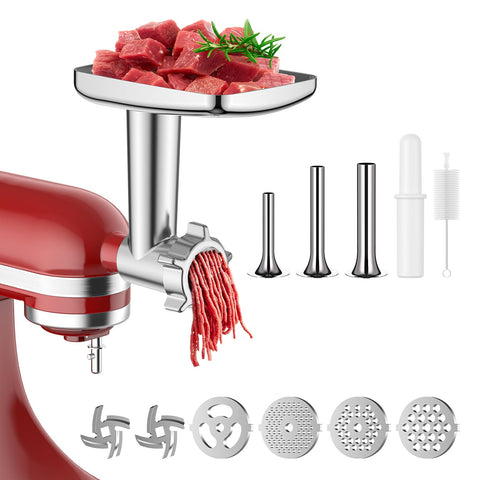 Coolcook meat grinder attachment on a KitchenAid mixer for fast, even grinding.