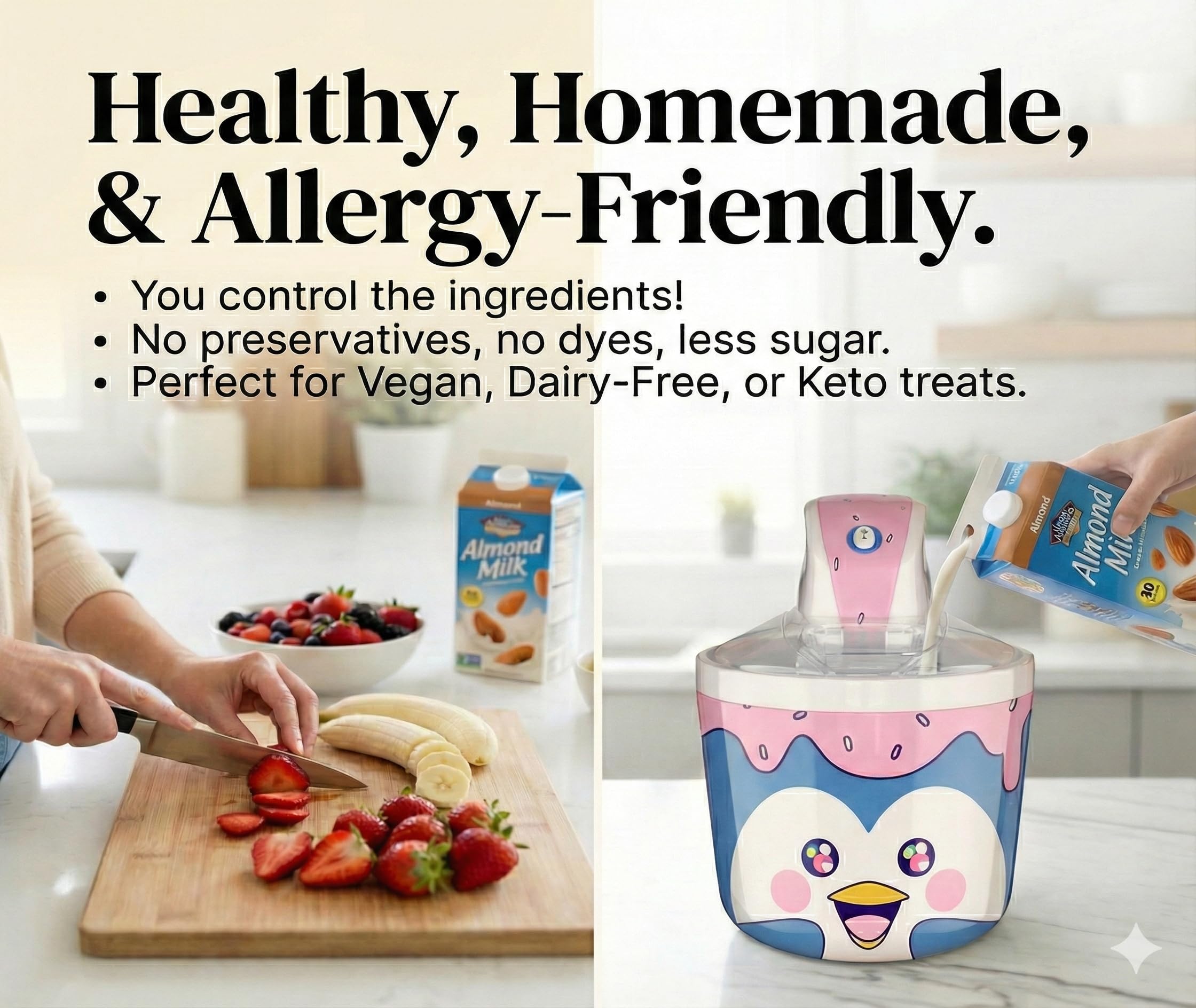 Cooler Concepts 1-2 qt penguin bowl highlights compact countertop suitability